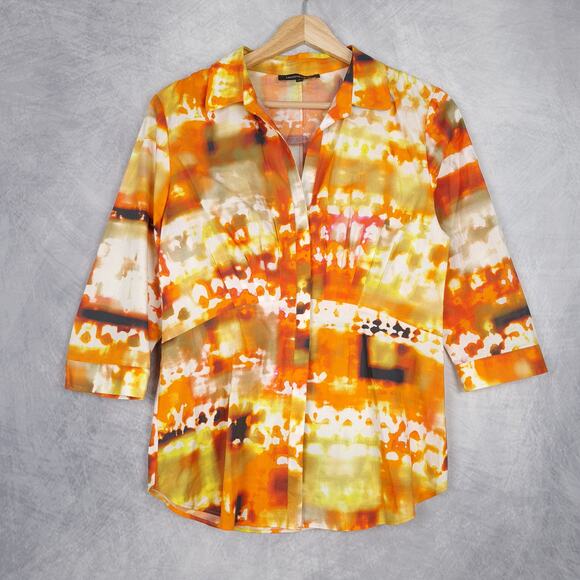 Lafayette 148 Top Womens 4 Orange White Tie Dye Collared Split Neck Blouse - Picture 1 of 16